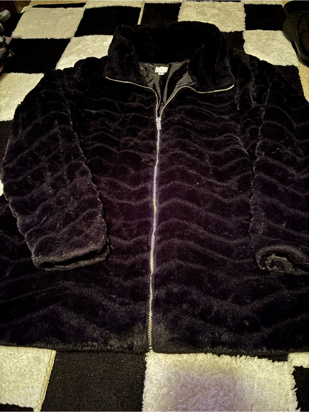 Dressbarn Black Plush Faux Fur Zip Jacket